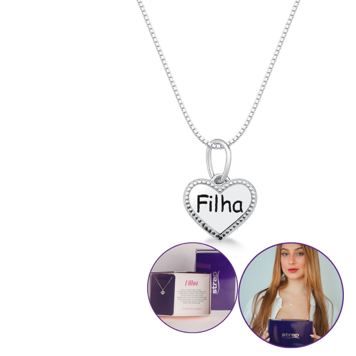 PRESENTE PARA FILHA COLAR COM PINGENTE DE PRATA CORAÇÃO ESCRITO FILHA