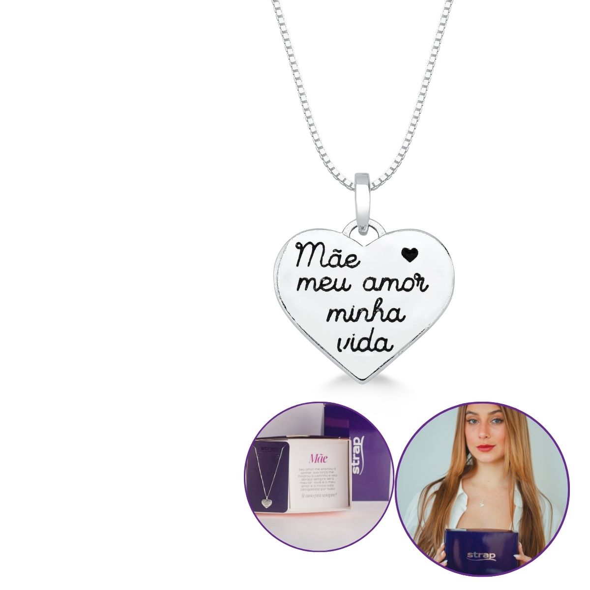 PRESENTE PARA MÃE COLAR DE PRATA 925 CORAÇÃO ESCRITO MÃE MEU AMOR MINHA VIDA