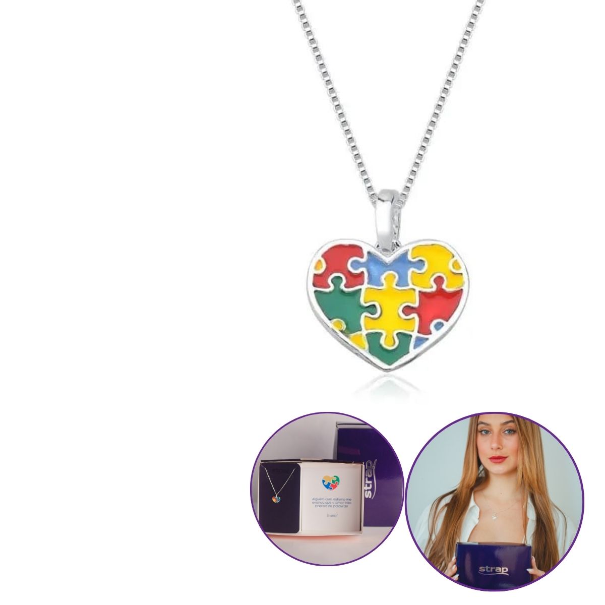 PRESENTE ESPECIAL COLAR DE PRATA CORAÇÃO QUEBRA-CABEÇA SIMBOLO DO AUTISMO