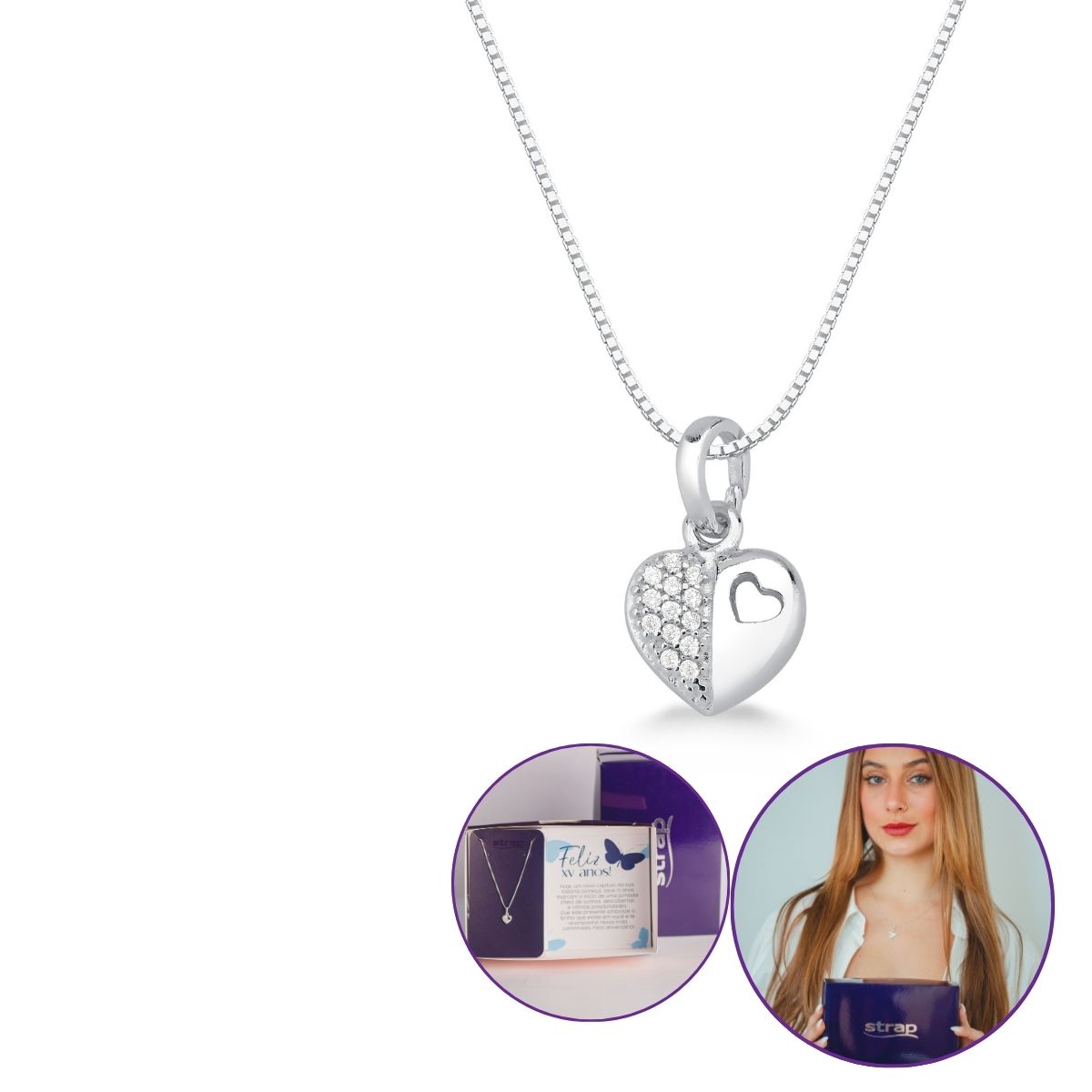 PRESENTE PARA XV ANOS COLAR COM PINGENTE DE PRATA MINI CORAÇÃO CRAVEJADO