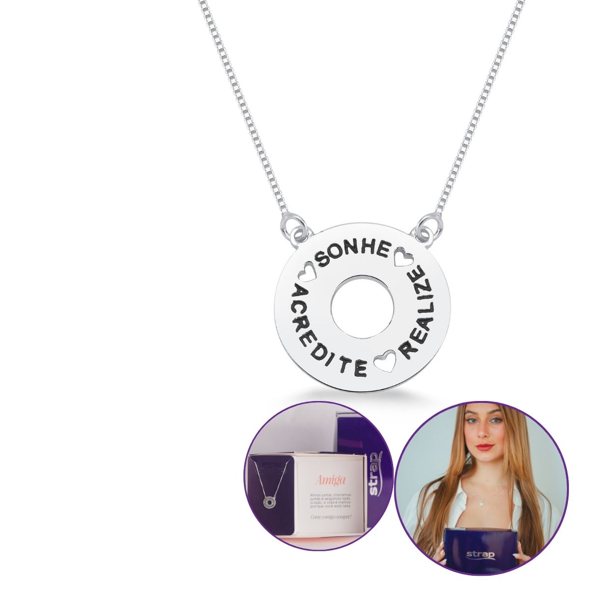 PRESENTE PARA AMIGA COLAR COM PINGENTE DE PRATA REDONDO ESCRITA SONHE  REALIZE ACREDITE