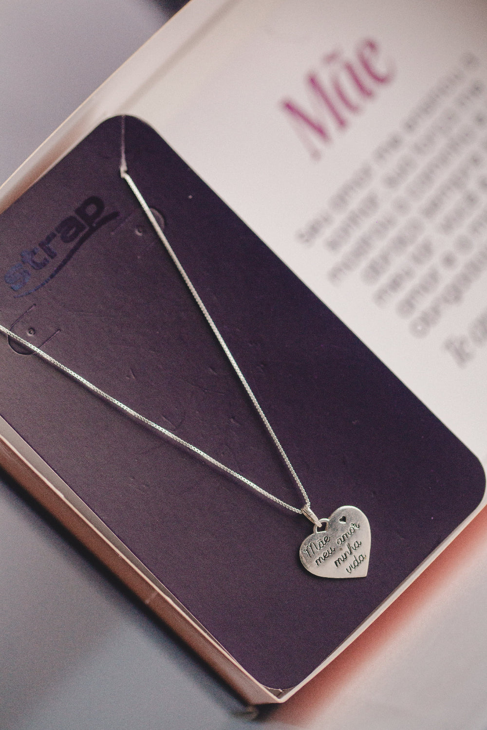 PRESENTE PARA MÃE COLAR DE PRATA 925 CORAÇÃO ESCRITO MÃE MEU AMOR MINHA VIDA